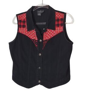 Carole Little Sport Red Black Patchwork Sleeveless Denim Button Down Vest Size L